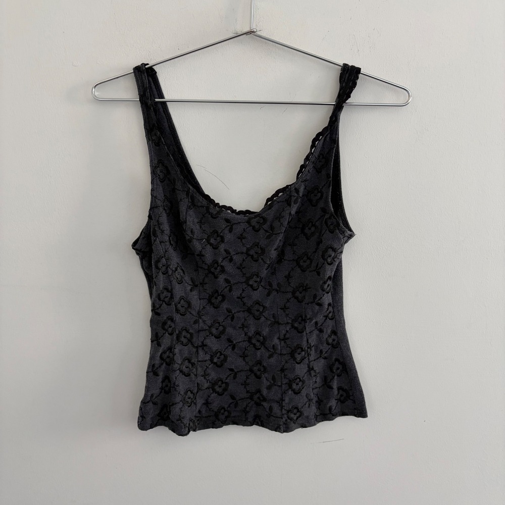 Papillon Blanc Gray Floral Flocked Lace Trim Tank Top Y2K